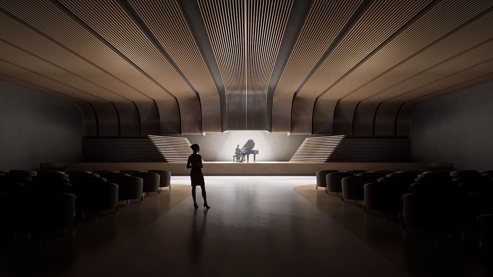 Woman in futuristic auditorium